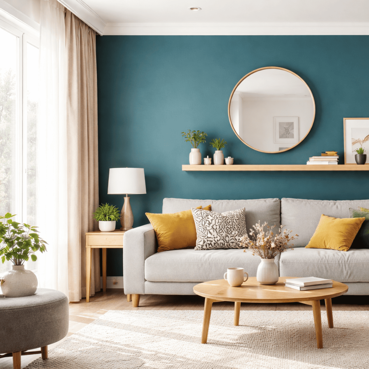 ティールグリーンのアクセントクロスを背景に、グレーのソファと木製家具を配置した、ナチュラルで落ち着いた雰囲気のリビングルームのインテリアイメージ。