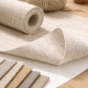 麻やリネンのような織り感をもつファブリック壁紙を木目の作業台に広げ、ロール状の壁紙と布サンプルから素材の柔らかさと質感が伝わるイメージ写真