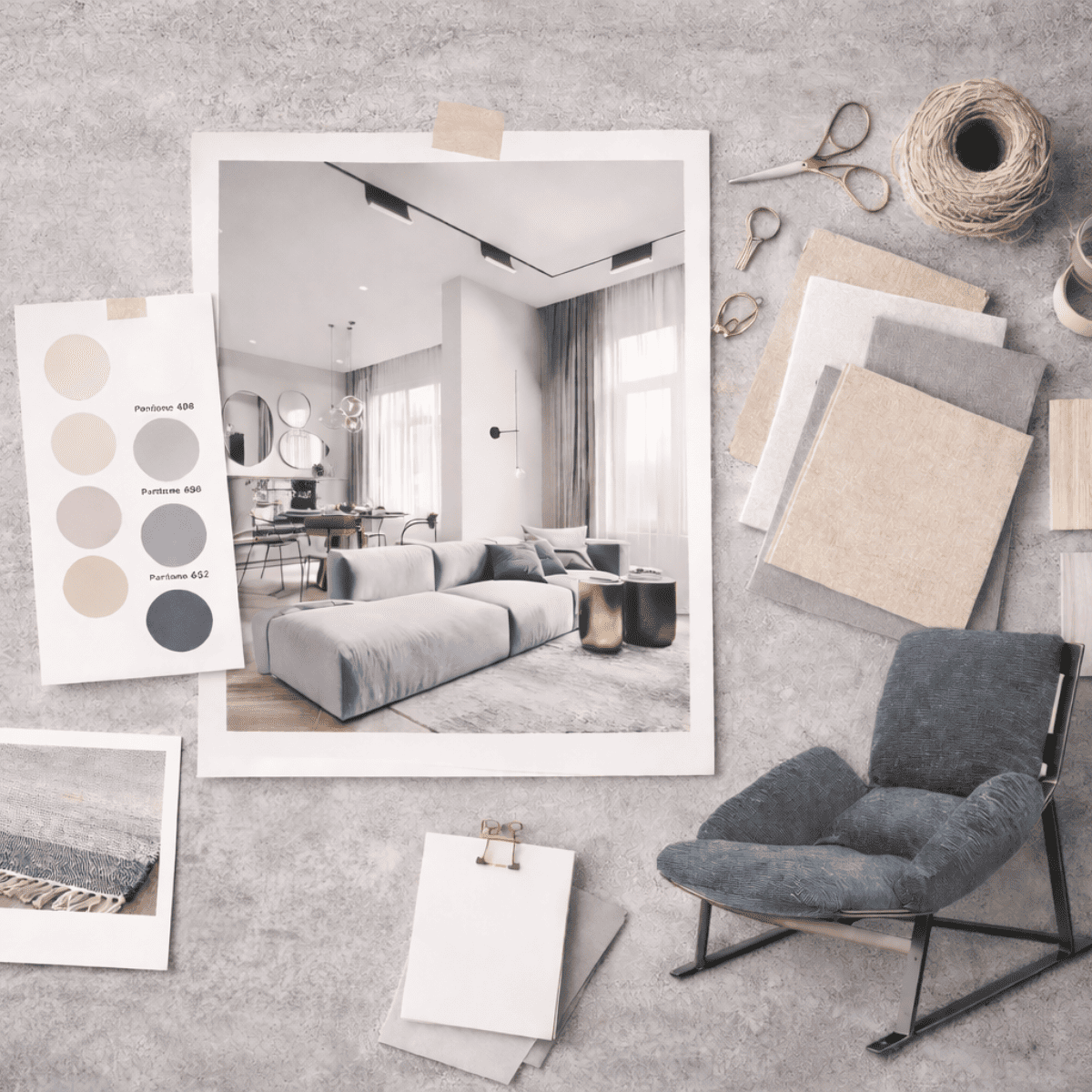 コンクリート調の背景の上に、モダンなリビングルームをテーマにしたムードボードが配置されている。中央に白縁のインテリア写真、周囲にブルーやグレージュ系のカラースウォッチ、ファブリックや木目のサンプル、ポラロイド風の小写真、チェアのビジュアルが並び、落ち着いたトーンで空間の方向性をまとめたイメージ。