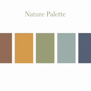 ブラウン、マスタード、オリーブグリーン、セージグリーン、スモーキーブルーを並べた自然を感じさせるアースカラーのカラーパレットイメージ。