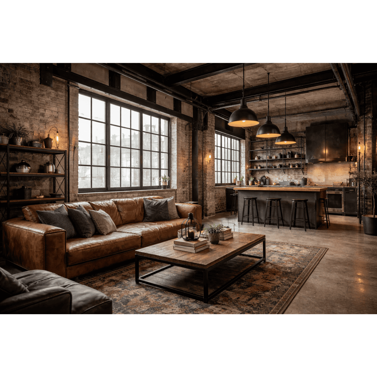 レンガ壁とむき出しの天井梁、大きな格子窓が特徴的なインダストリアルスタイルのリビング兼キッチン空間。レザーソファと木製ローテーブル、アイアン素材の照明や家具が配置され、無骨さと温かみが共存する落ち着いた室内インテリア。