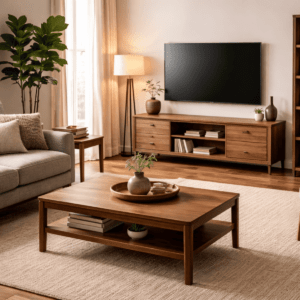 濃淡のあるブラウンが重なり合うウォールナット調の木目壁紙で、節や流れるような木目模様が自然素材の深みと落ち着きを感じさせるデザイン