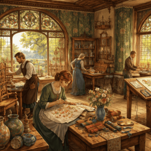 アーツ・アンド・クラフツ運動を象徴する工房の情景。自然光が差し込む室内で、職人たちが木工、刺繍、陶芸などの手仕事に向き合い、草花文様の壁紙や装飾に囲まれながら、素材と技を大切にしたものづくりを行っている様子。