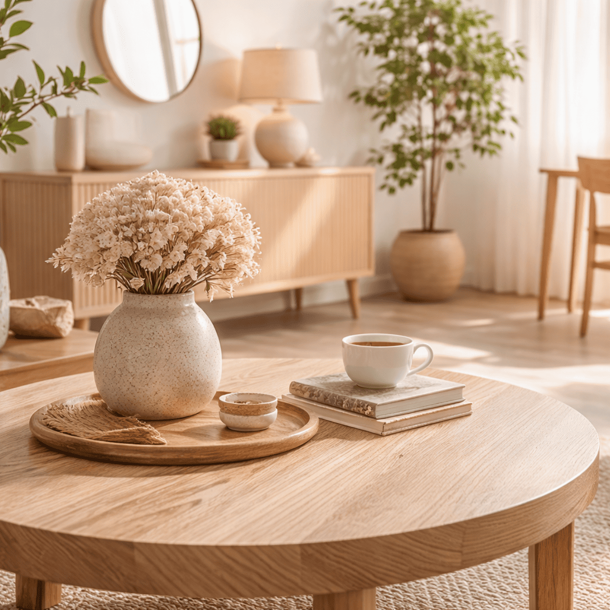明るい自然光が差し込むナチュラルなリビングで、アッシュ材の丸テーブルの上にドライフラワーを生けた陶器の花瓶とトレイ、重ねた本の上に置かれた白いコーヒーカップが配置され、北欧テイストの落ち着いた空間が表現されているイメージ