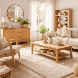 明るい色味のビーチ材(ブナ材)を使用した家具を中心に、やわらかな自然光が入るナチュラルなリビング空間。木目のきめ細かさと軽やかな質感が、清潔感と温かみのあるインテリアを演出している。