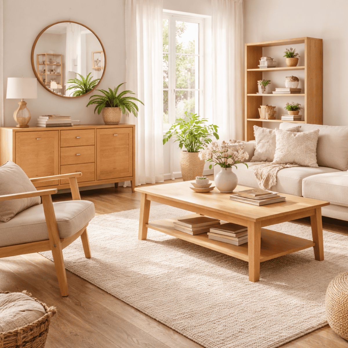 明るい色味のビーチ材（ブナ材）を使用した家具を中心に、やわらかな自然光が入るナチュラルなリビング空間。木目のきめ細かさと軽やかな質感が、清潔感と温かみのあるインテリアを演出している。