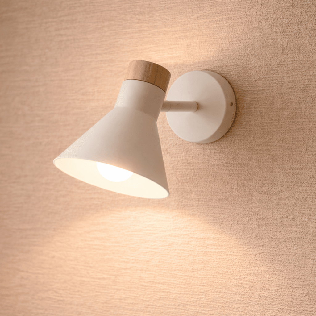 白い円錐形シェードに木製アクセントを組み合わせたシンプルなブラケットライトが、凹凸のある壁紙に光を当て、テクスチャーの陰影を際立たせているイメージ写真