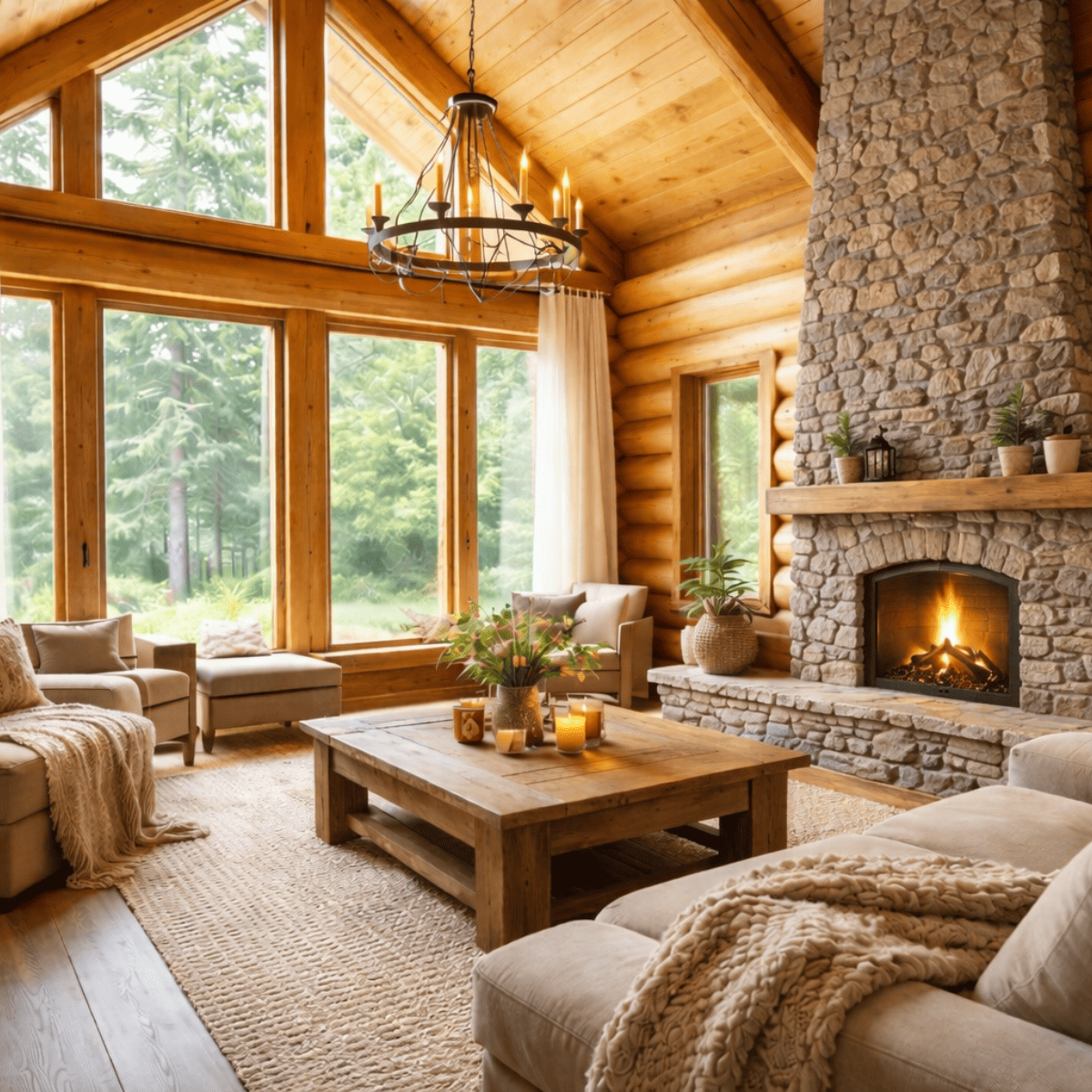 大きな窓からたっぷりと自然光が差し込むログハウスのリビング空間。丸太の壁と勾配天井、石積みの暖炉が印象的で、木製家具やソファ、ラグが温かみのある雰囲気を演出している、森に囲まれた開放的で明るいインテリアシーン。