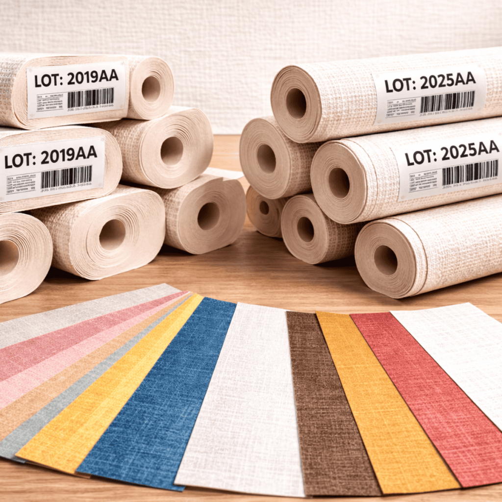 ロット番号が異なる壁紙ロール（LOT:2019AAとLOT:2025AA）を並べ、色見本サンプルとともに製造ロットの違いを示したイメージ