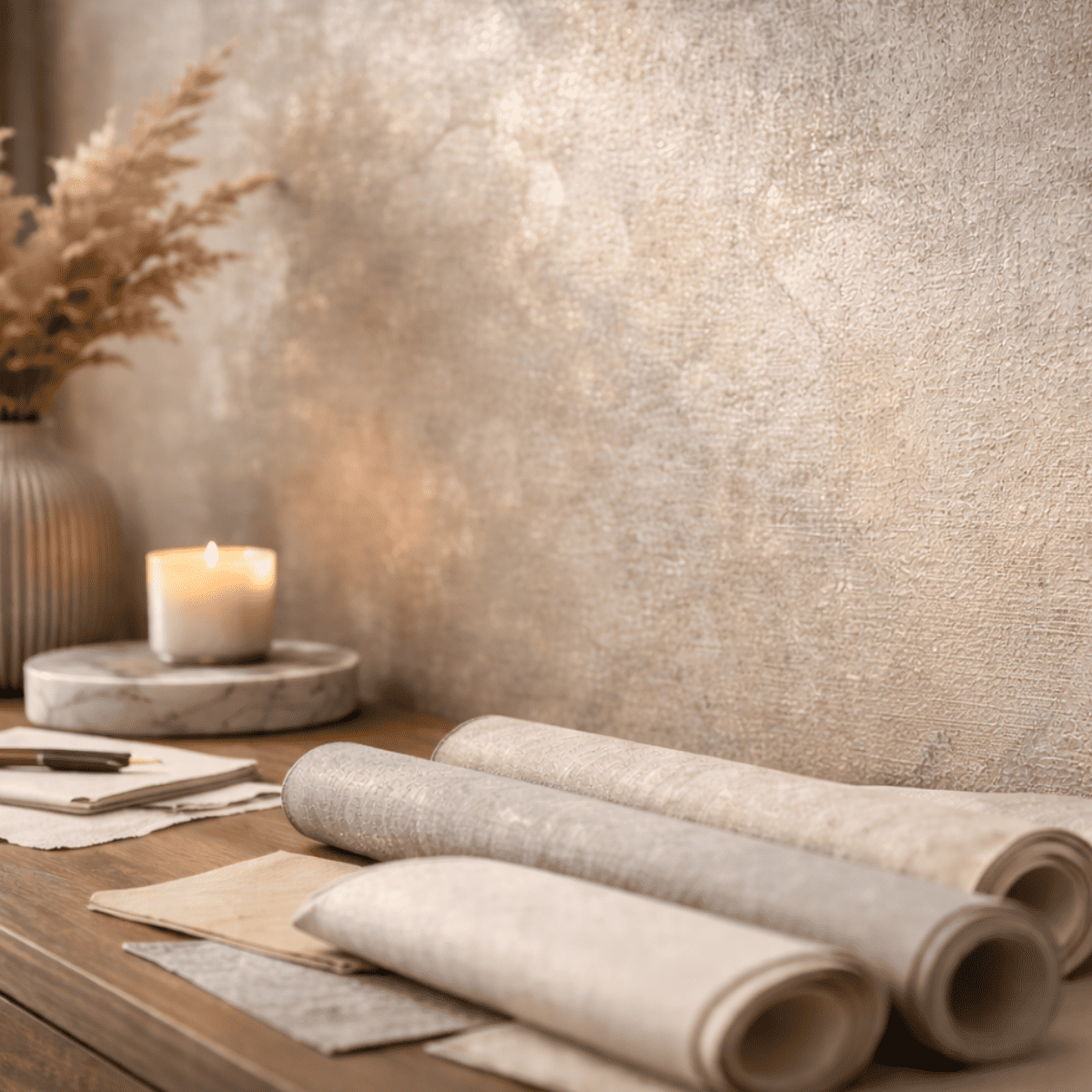 柔らかなベージュのニュアンス壁紙と、テーブルに置かれた壁紙サンプルロールのインテリアイメージ。