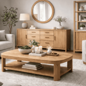 白を基調とした北欧風のリビングルームで、はっきりとした木目と温かみのある色合いが特徴のオーク材のローテーブルやサイドボード、シェルフが配置され、自然光に照らされたナチュラルで上質な空間が広がっている様子