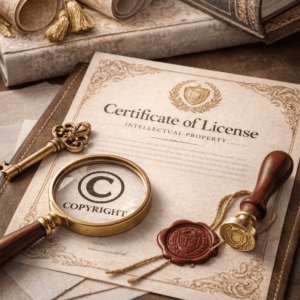 知的財産ライセンス証明書と著作権マークを示す虫眼鏡が置かれた、正規ライセンスを表すイメージ。