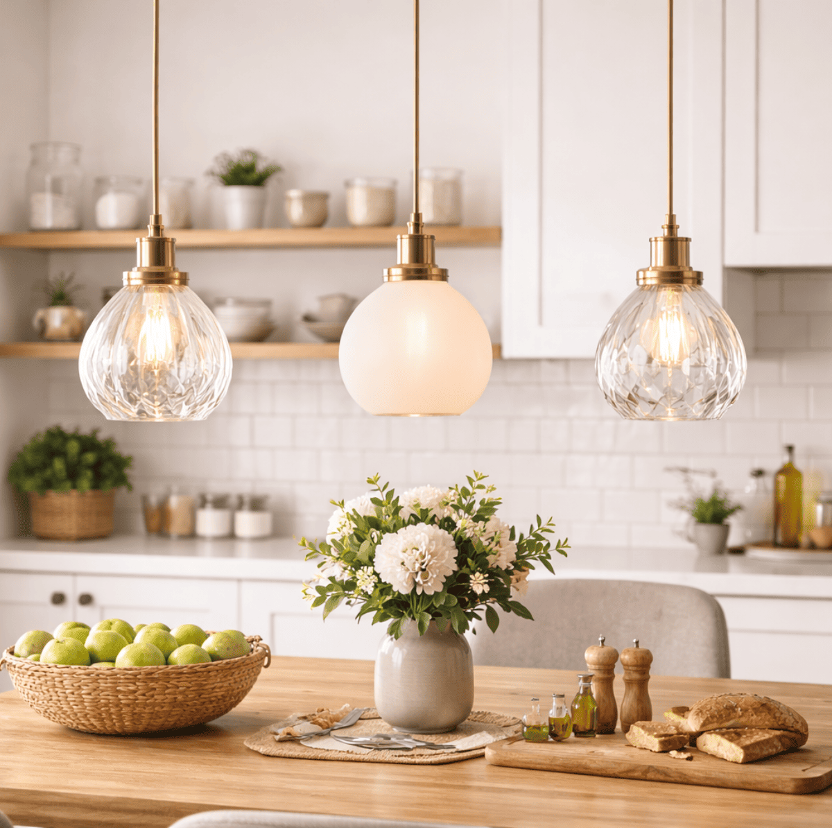 ダイニングテーブルの上にペンダントライトを吊り下げ、ガラスシェード越しの柔らかな光が空間全体を照らし、照明デザインと雰囲気が伝わるイメージ写真