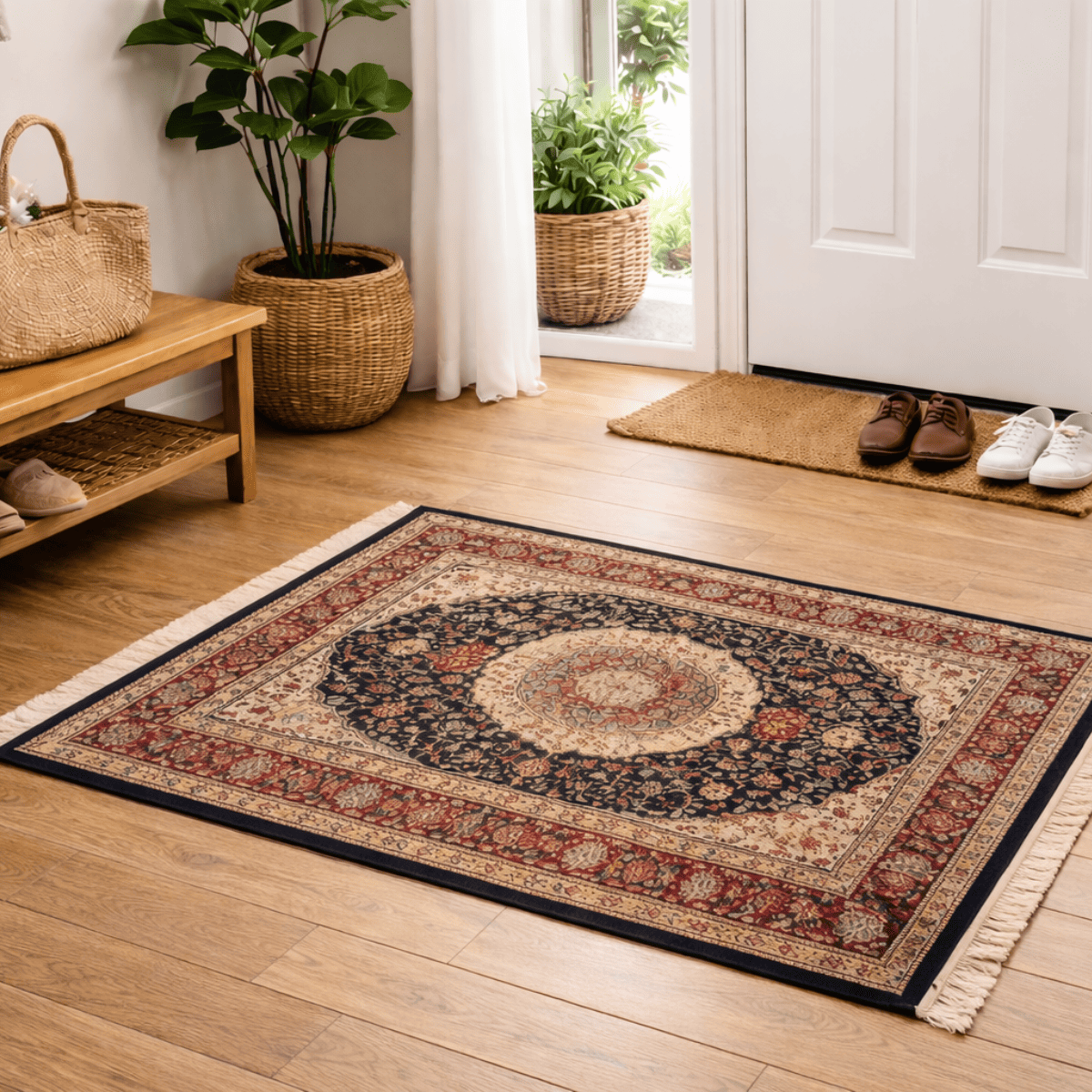 玄関の床中央にペルシャ絨毯を敷き、緻密な文様と深みのある色合いが木目の床と調和する様子を捉えたイメージ写真
