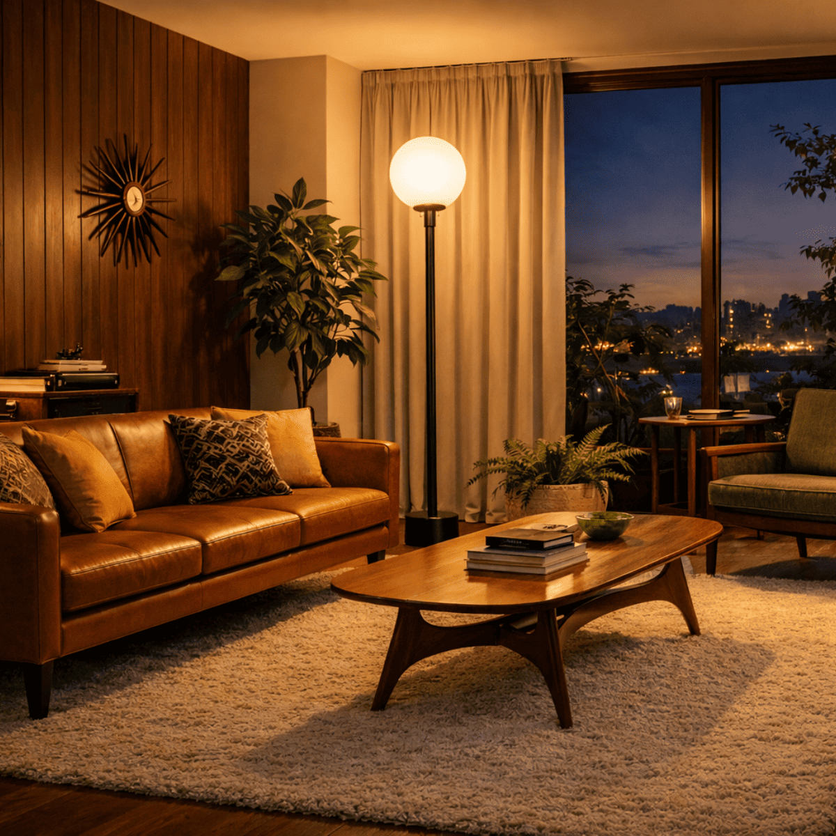 ミッドセンチュリースタイルのリビング空間に設置された、丸い乳白ガラスシェードのポールランプ。木製家具やレザーソファと調和し、室内をやわらかく照らしている。