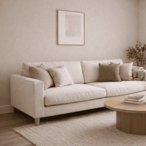 やわらかなベージュの壁紙を背景に、アイボリーのソファとニュートラルカラーのクッション、木目のローテーブルやラグを組み合わせた、サンゲツのナチュラルで上質なリビング空間イメージ。