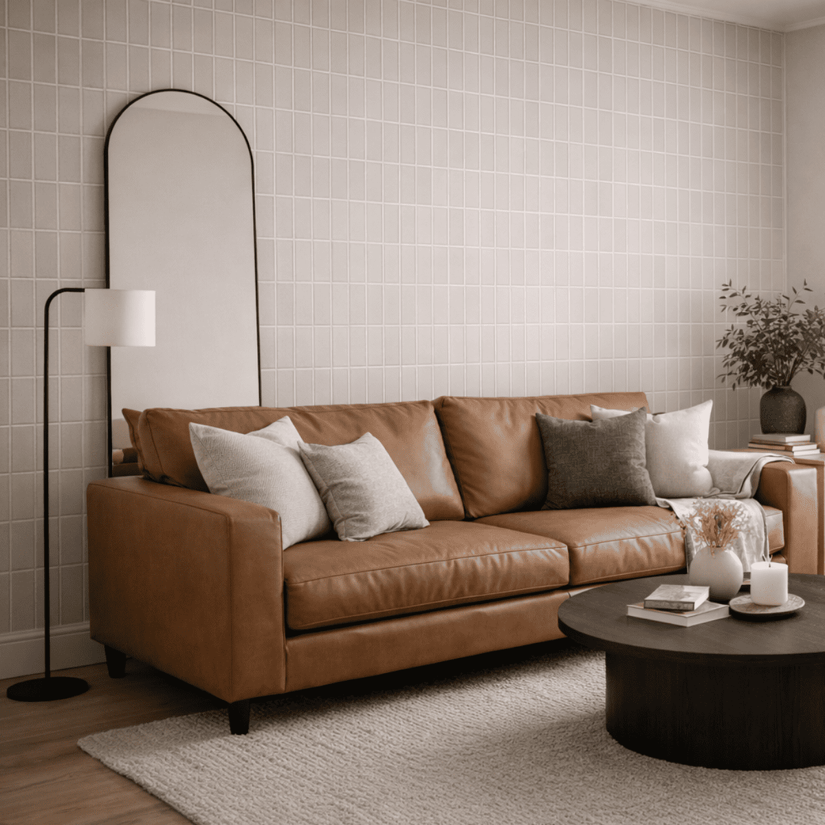 シンコールの壁紙を使用したリビングの施工イメージ。ベージュ系のタイル調クロスを背景に、ブラウンのレザーソファとナチュラルなインテリアでまとめた落ち着きのある空間。