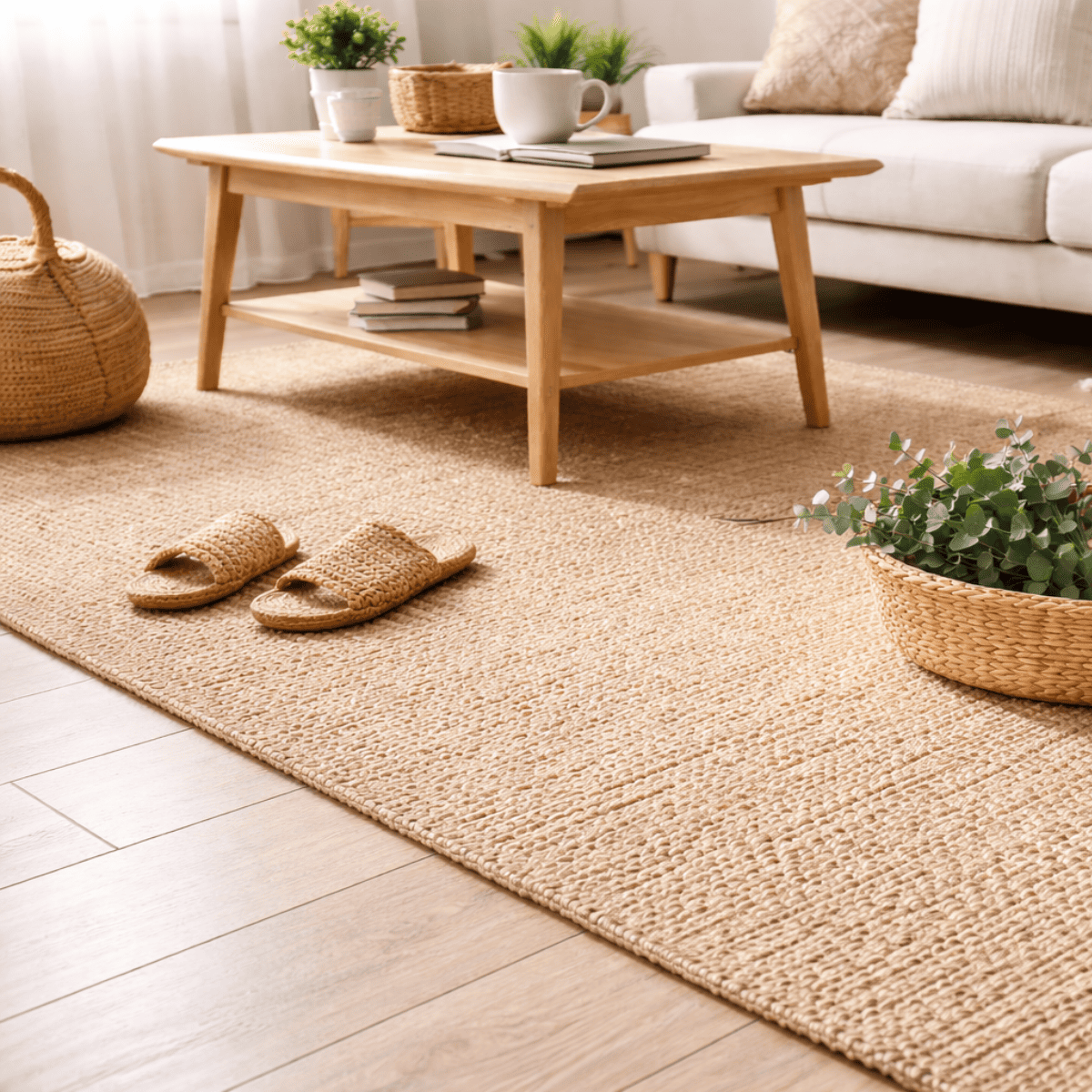 明るい自然光が入るリビングに、ざっくりとした織り感のサイザルラグが敷かれ、木製のローテーブルや観葉植物、かご小物と調和したナチュラルで温かみのある空間が広がっている様子