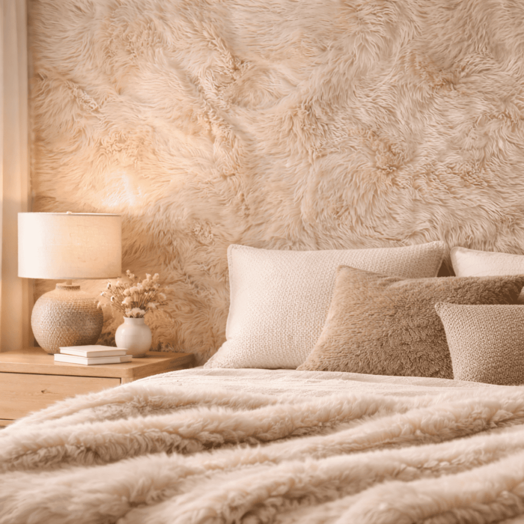 毛足の長いファーの質感をリアルに表現したシンセスティックファー柄の壁紙を背面に、ベージュ系でまとめた寝室空間で、柔らかな凹凸とあたたかみのある雰囲気が伝わるイメージ。
