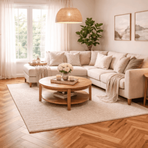 チーク材のヘリンボーン床を使ったリビングルームで、ベージュのL字ソファや丸い木製ローテーブル、観葉植物が配置され、自然光が入る温かみのある落ち着いた空間が広がっている様子