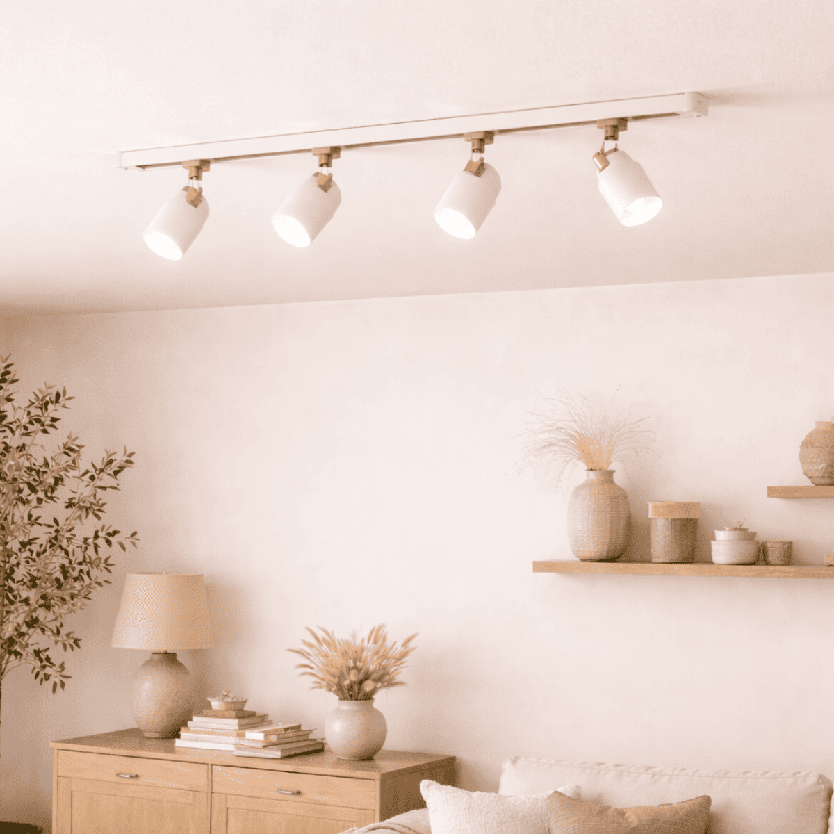 天井中央にコンパクトに配置されたライティングレールに、可動式スポットライトを取り付けたリビング空間。照明の向きを調整しながら、壁面やインテリアをやわらかく照らしている様子。