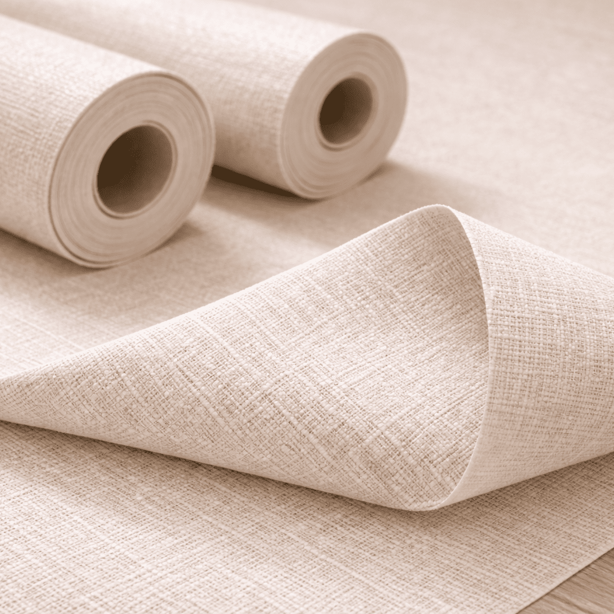 布のような織り目の質感がある壁紙ロールが広げられた布クロスのイメージ。自然なベージュ色の素材感がわかる壁紙サンプル。