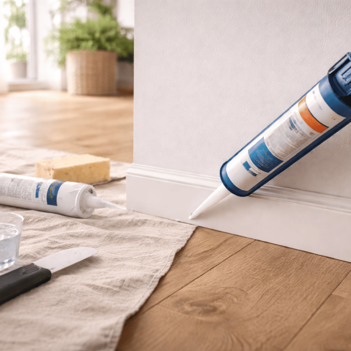 壁と巾木の境目にジョイントコークを充填している作業の様子で、コーキングガンを使って隙間をきれいに埋めている手元と、明るい室内の床まわりが写ったイメージ。