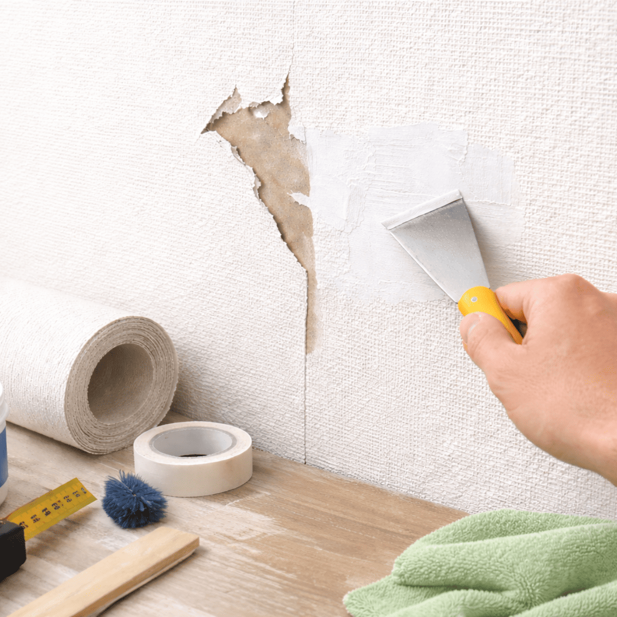 壁の破れた壁紙部分にパテを塗り、ヘラで平らに補修している作業の様子。周囲には壁紙ロールや補修道具が置かれている。