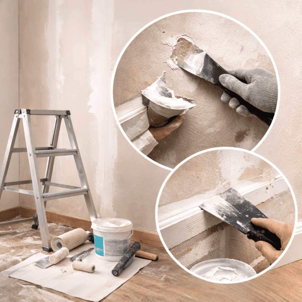 壁紙を貼る前の下地処理の様子。パテで壁の凹凸を埋め、ヘラで平滑に整え、巾木まわりにコーキングを施すDIY作業のイメージ。