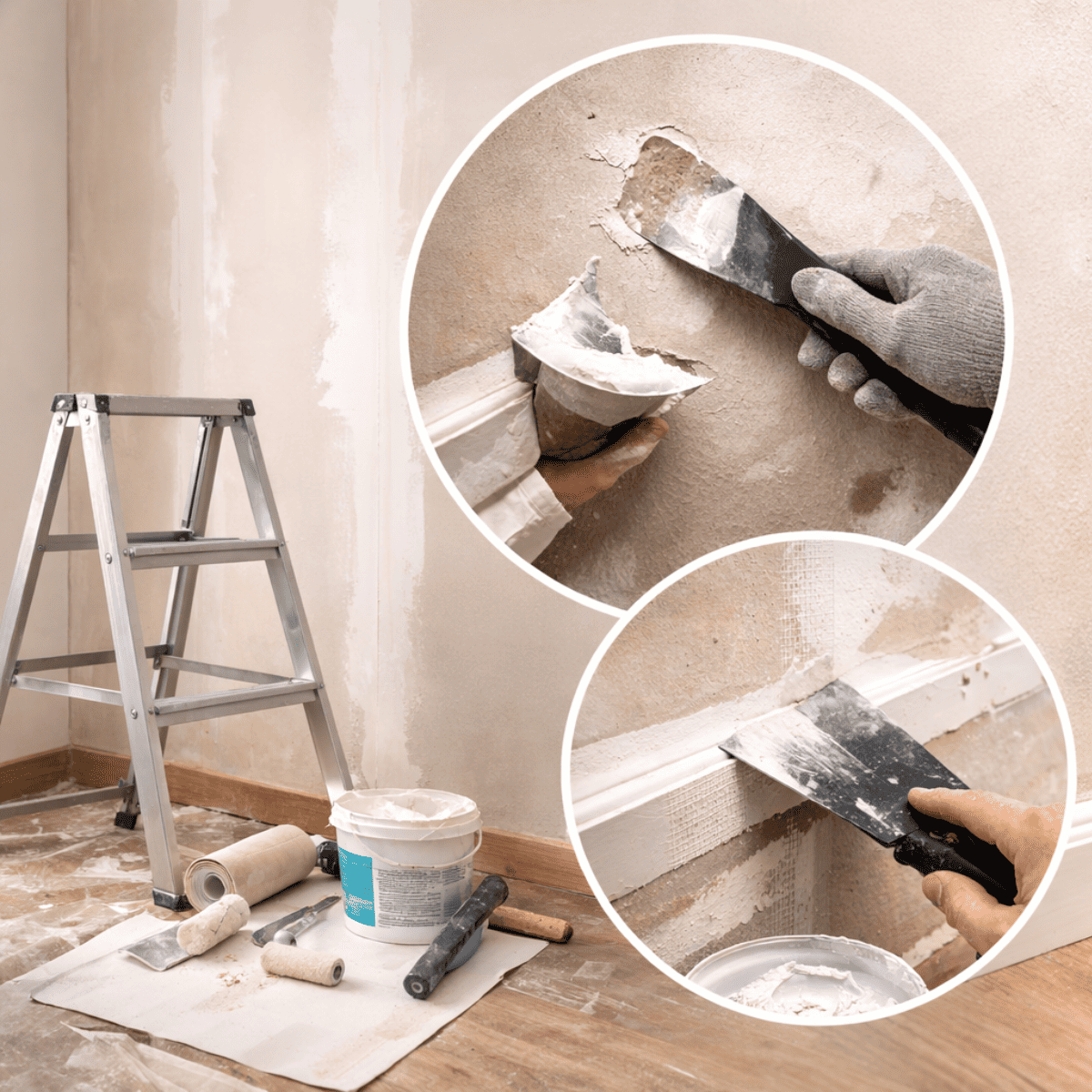 壁紙を貼る前の下地処理の様子。パテで壁の凹凸を埋め、ヘラで平滑に整え、巾木まわりにコーキングを施すDIY作業のイメージ。