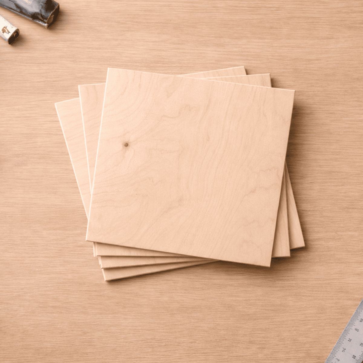 明るい木目のベニヤ板を数枚重ねて中央に配置し、表面の木目や積層構造が分かるように撮影した素材感重視のイメージ写真