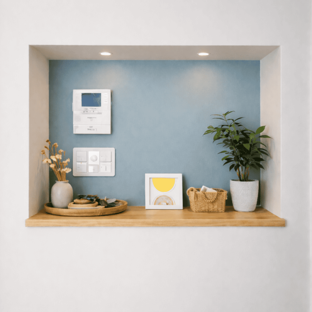 白い壁に設けられた壁埋め込み型のニッチスペースで、奥の壁は明るくくすんだ水色。木製の棚板の上に、花器や小物、フレームアート、観葉植物がバランスよく置かれ、上部のダウンライトにやさしく照らされている。すっきりとした現代的な室内空間。