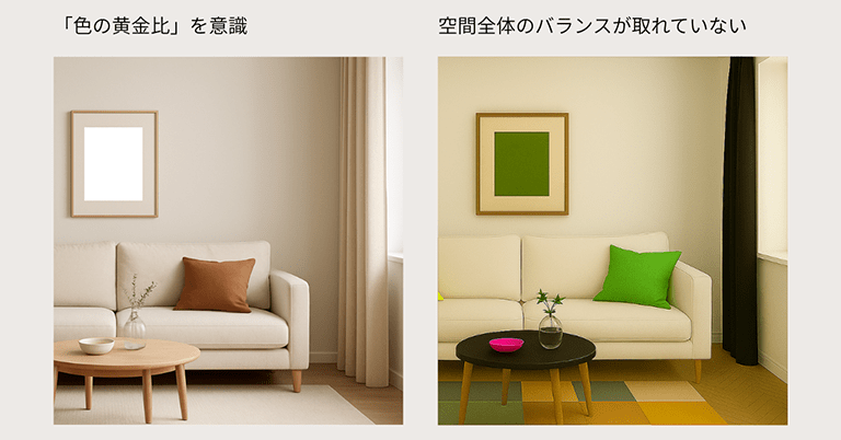 リビングでの色数バランスの比較。左はベース70％・メイン25％・アクセント5％で配色が整っている例、右は色数が多くまとまりがない例。