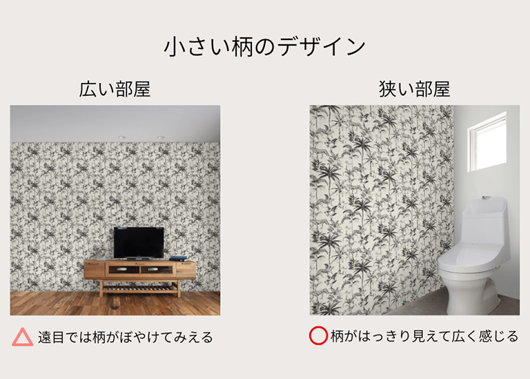 小さな柄の壁紙を広い部屋・狭い部屋で比較した図解。広い部屋では柄がぼやけて見え、狭い部屋では柄がはっきり見えて広く感じられる例。
