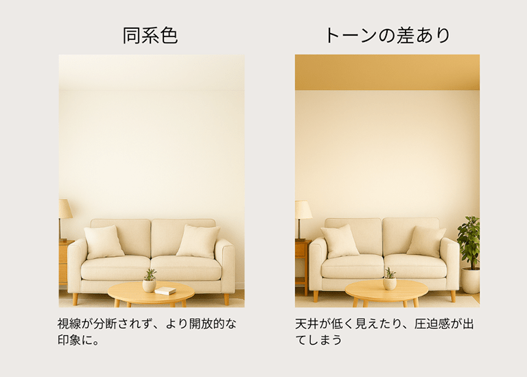 トーンの差を比較する図。左は壁と天井が同系色で視線が分断されず開放的、右は天井が色味で差があり低く見え圧迫感が出るリビングの例。