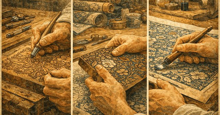 三連画の構図で、職人の手元をクローズアップし、植物文様の木版に彫刻刀で模様を彫る工程、完成した木版を手に取って確認する様子、そして刷毛で彩色や印刷作業を行う様子が順に描かれた、ウィリアム・モリスの工芸制作を想起させる場面