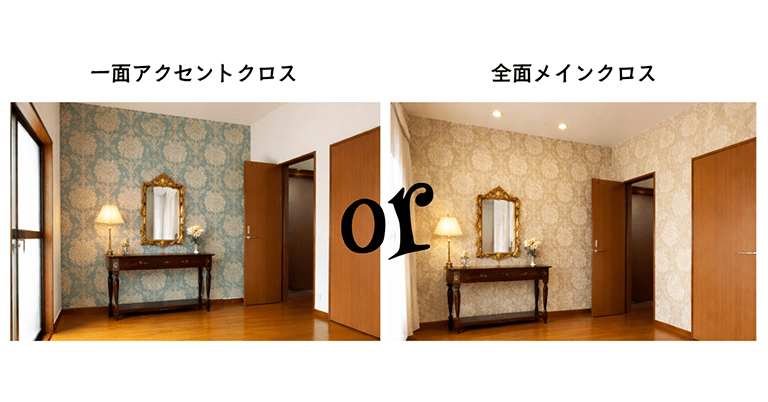 ウィリアム・モリス柄壁紙の貼り方比較イメージ。一面のみアクセントクロスとして使用した空間（左）と、部屋全体にメインクロスとして使用した空間（右）を並べて紹介しており、同じデザインでも印象の違いが分かるコーディネート例。