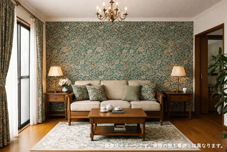 ウィリアム・モリス風の壁紙とカーテンをコーディネートしたリビングインテリアのイメージ画像。全面に施したグリーン系のボタニカル壁紙に、同系統のカーテンやクッション、木製家具とシャンデリアが調和し、統一感のあるクラシカルで上質な空間を演出している。