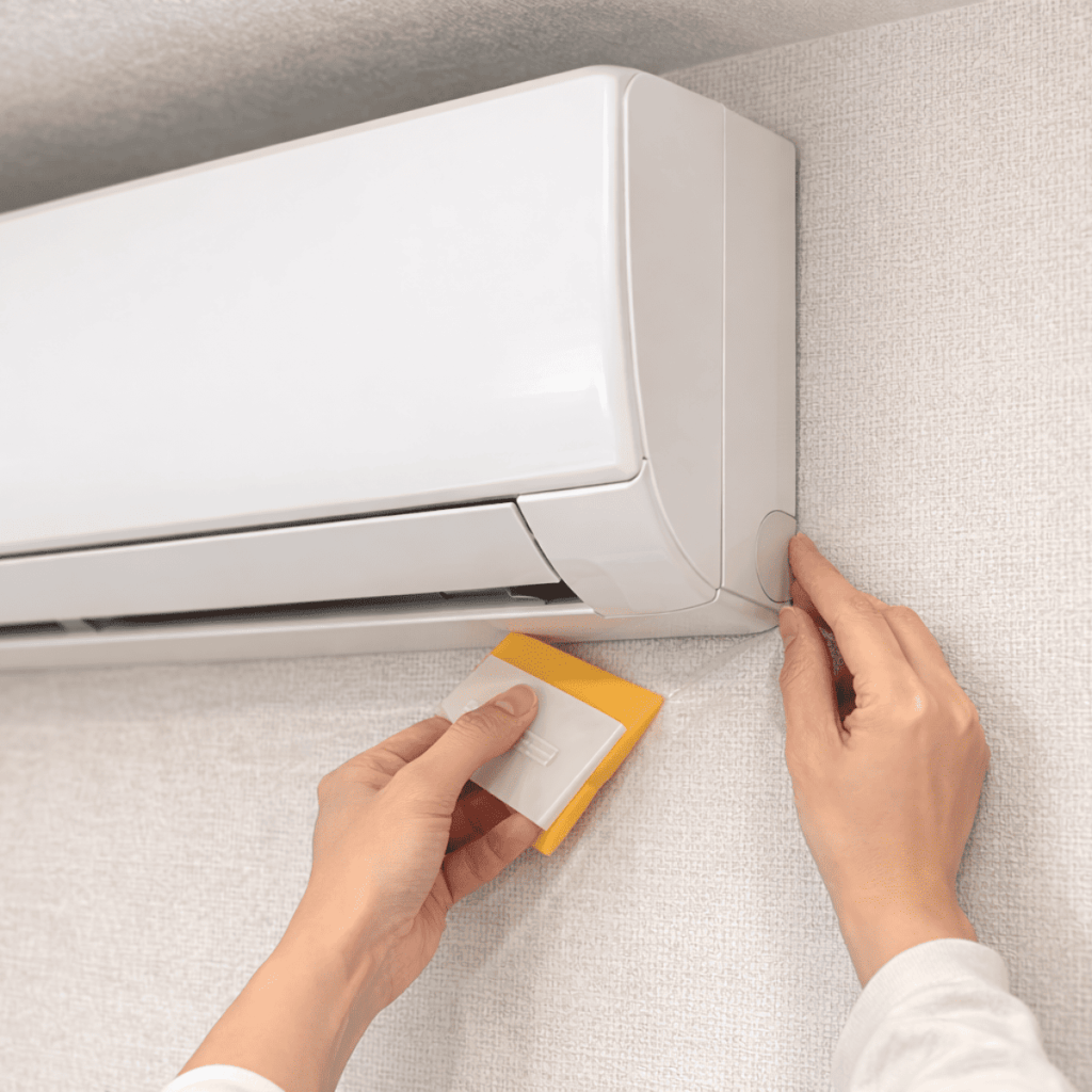 壁掛けエアコンの周囲に沿って壁紙を細かく切り込みながら、隙間なく収めるように施工している手元の様子