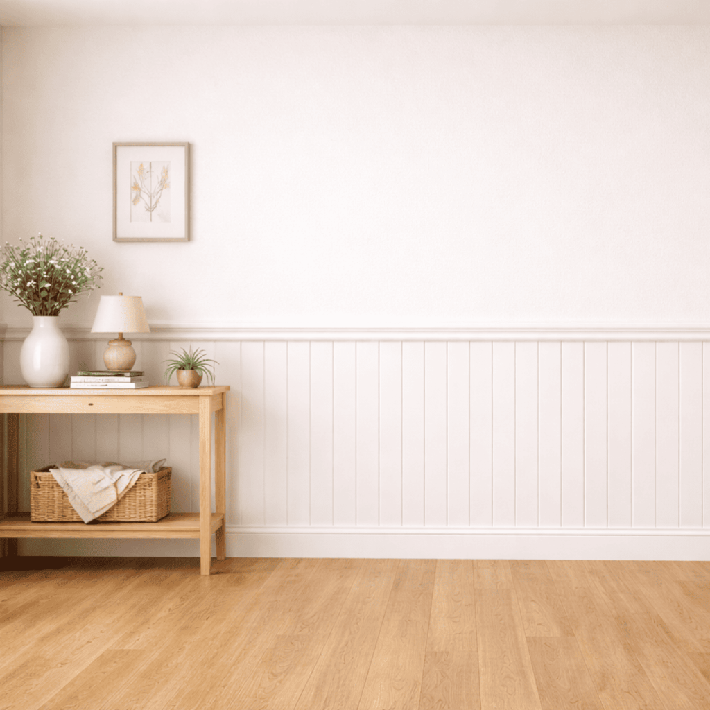 白い腰壁（パネル調の羽目板）と淡い壁紙のツートーンで構成された室内。