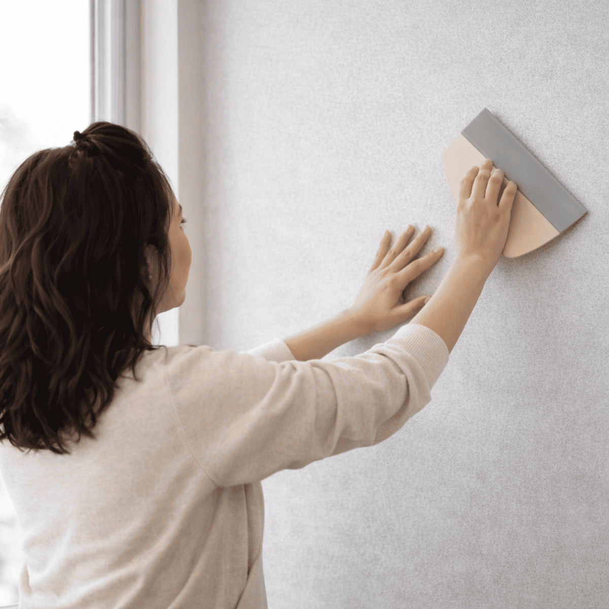 室内の壁に淡いグレーの壁紙を貼りながら、スムーサーで空気を抜いて整えている女性のDIY作業風景。