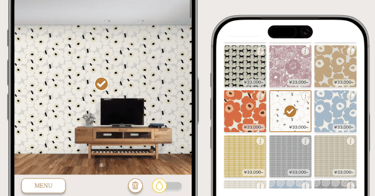 壁紙シミュレーションアプリの画面で、リビングの壁に花柄壁紙を適用した例と、複数のデザイン一覧が表示されているスマートフォン画面