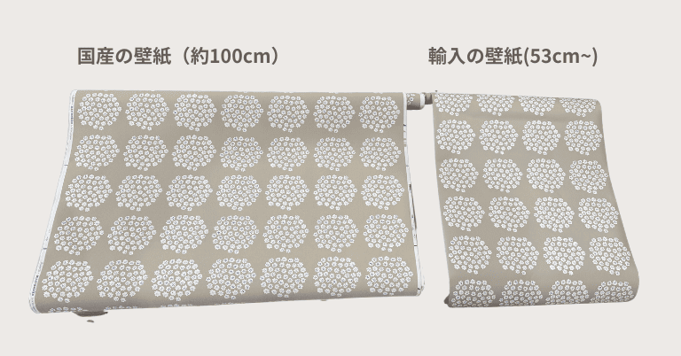 国産と輸入の壁紙サイズを比較した画像。幅約100cmの国産壁紙と幅53cmの輸入壁紙のロールを並べて違いを示している