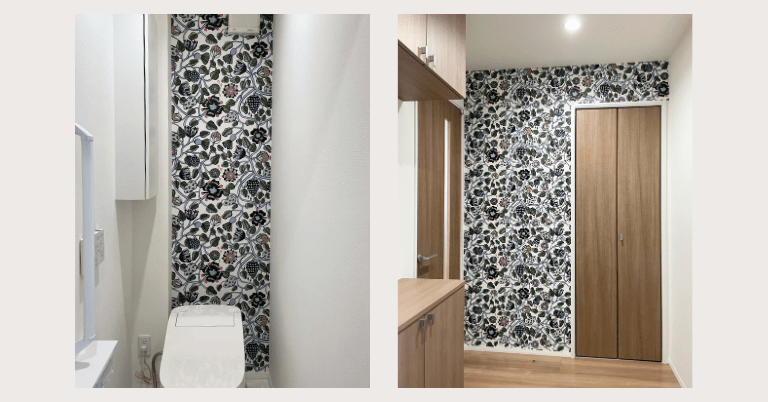 マリメッコのPieni Tiara（ピエニティアラ）柄の壁紙をアクセントに使った空間コーディネート。左はトイレ奥の壁、右は玄関ホールの壁一面に植物モチーフのデザインが貼られている