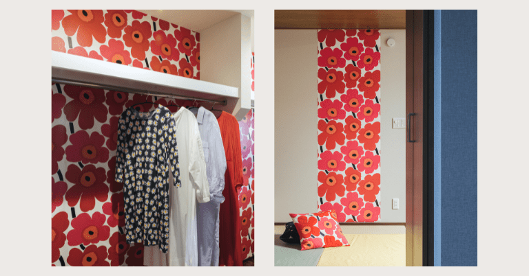 マリメッコのUnikko（ウニッコ）柄の壁紙を使った室内コーディネート。左はクローゼット内部に大胆な赤い花柄を貼った収納空間、右は和室の床の間にアクセントとしてウニッコ柄を使いクッションを置いたインテリア