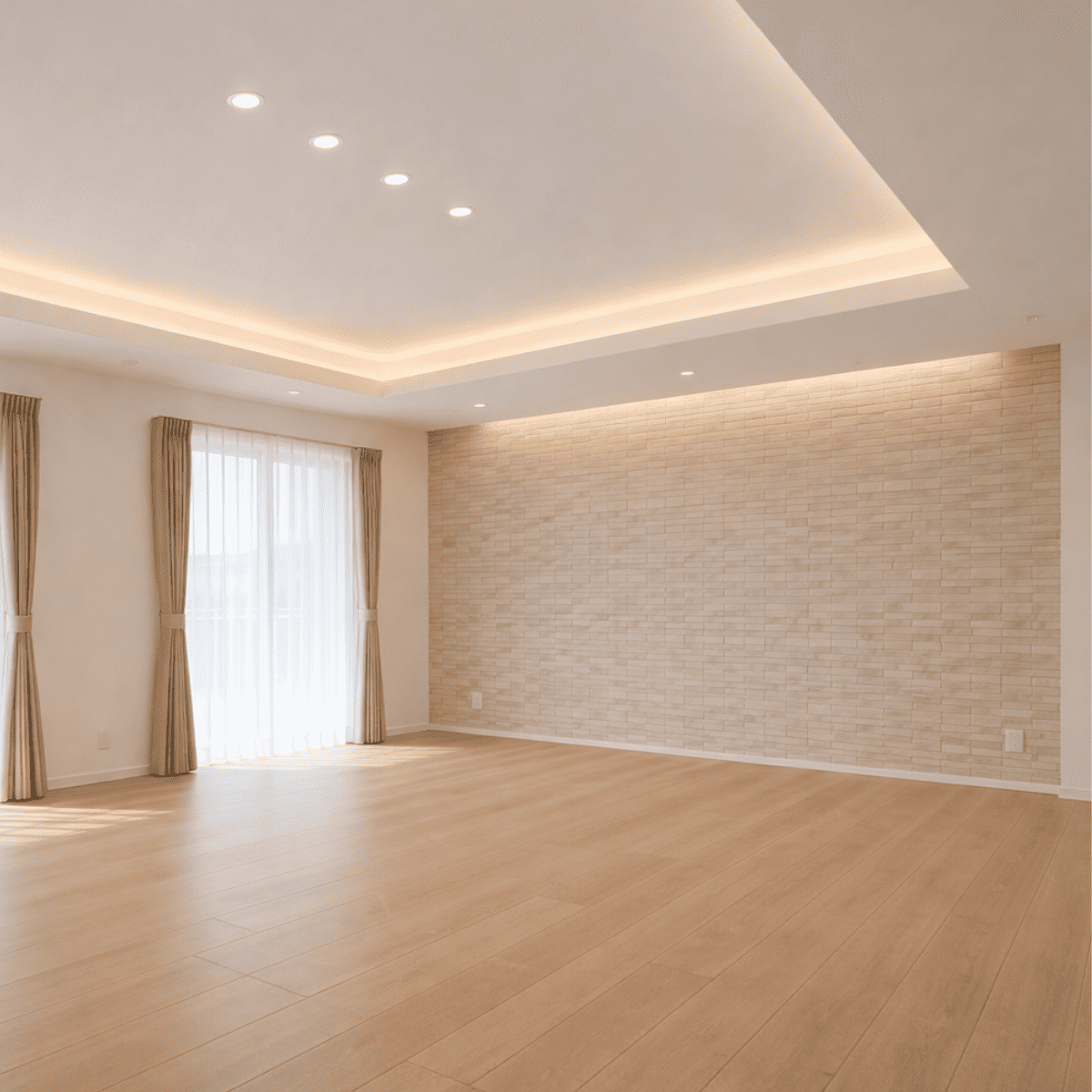 折り上げ天井に間接照明を施した、明るく開放的なリビング空間。